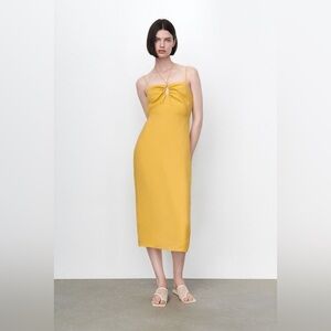 Zara Ruched Midi Mustard Yellow Halter Dress